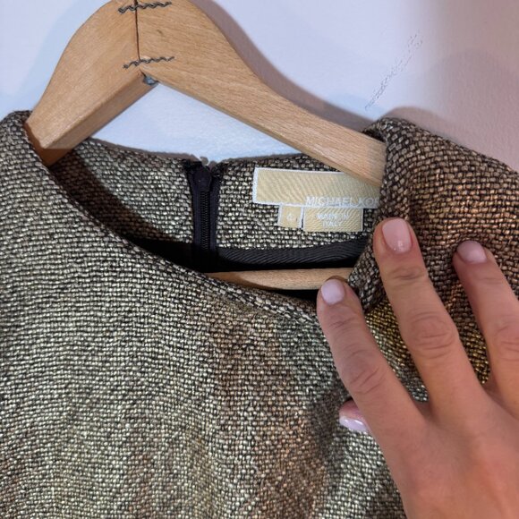 Michael Kors Womens Sheath tweed Dress Tan Metallic Pockets Short Sleeve - Sz 4 - Picture 3 of 9